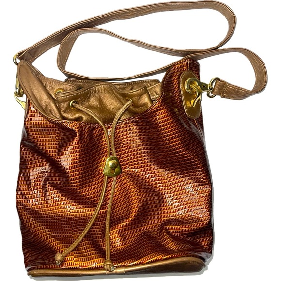 Leather Bucket Bag/Purse, Brown & Gold, Genuine Leather, Vintage - Picture 1 of 15